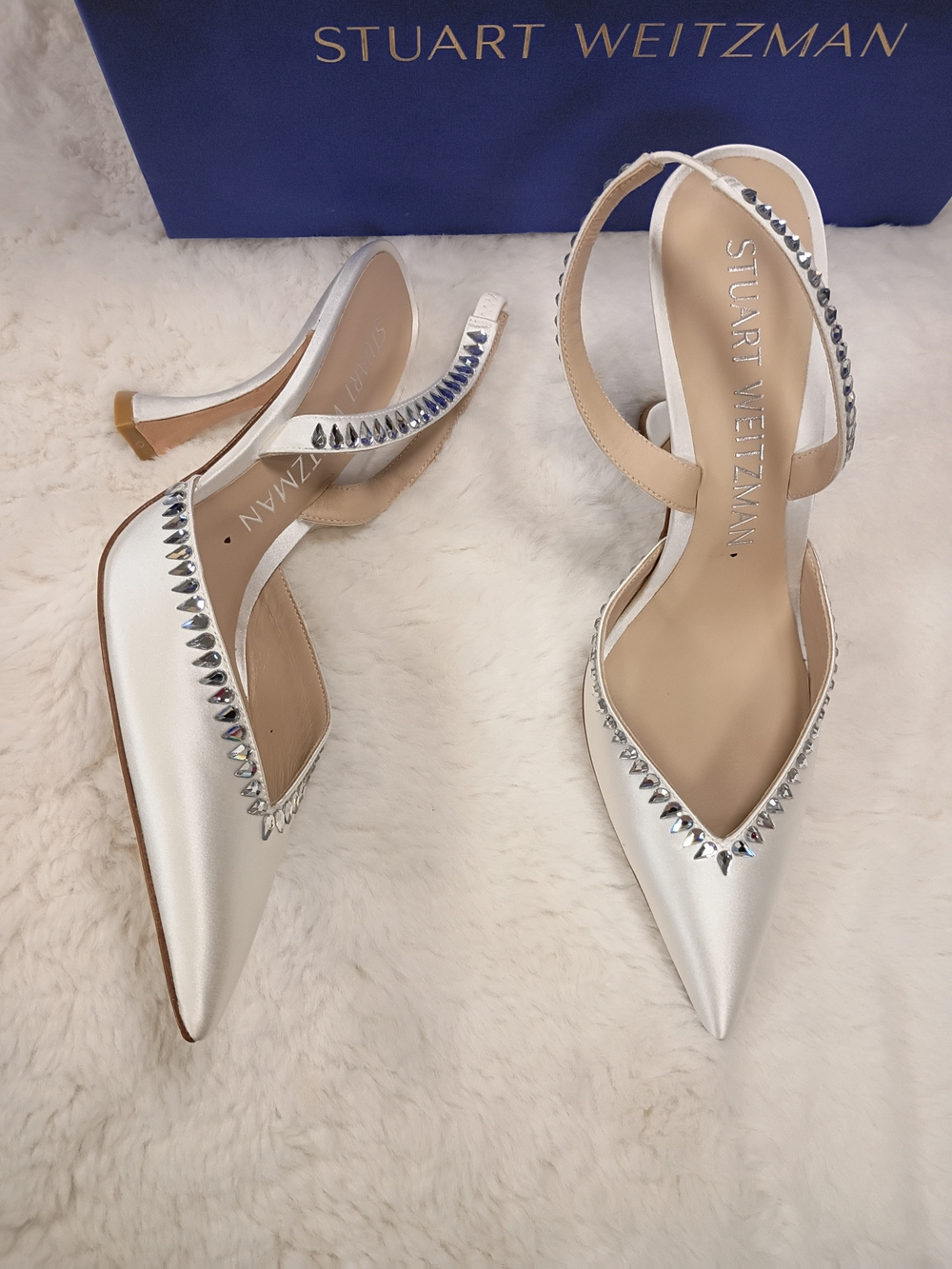 Stuart Weitzman White Embellished Pointed Slingback Pumps Size 8.5B
